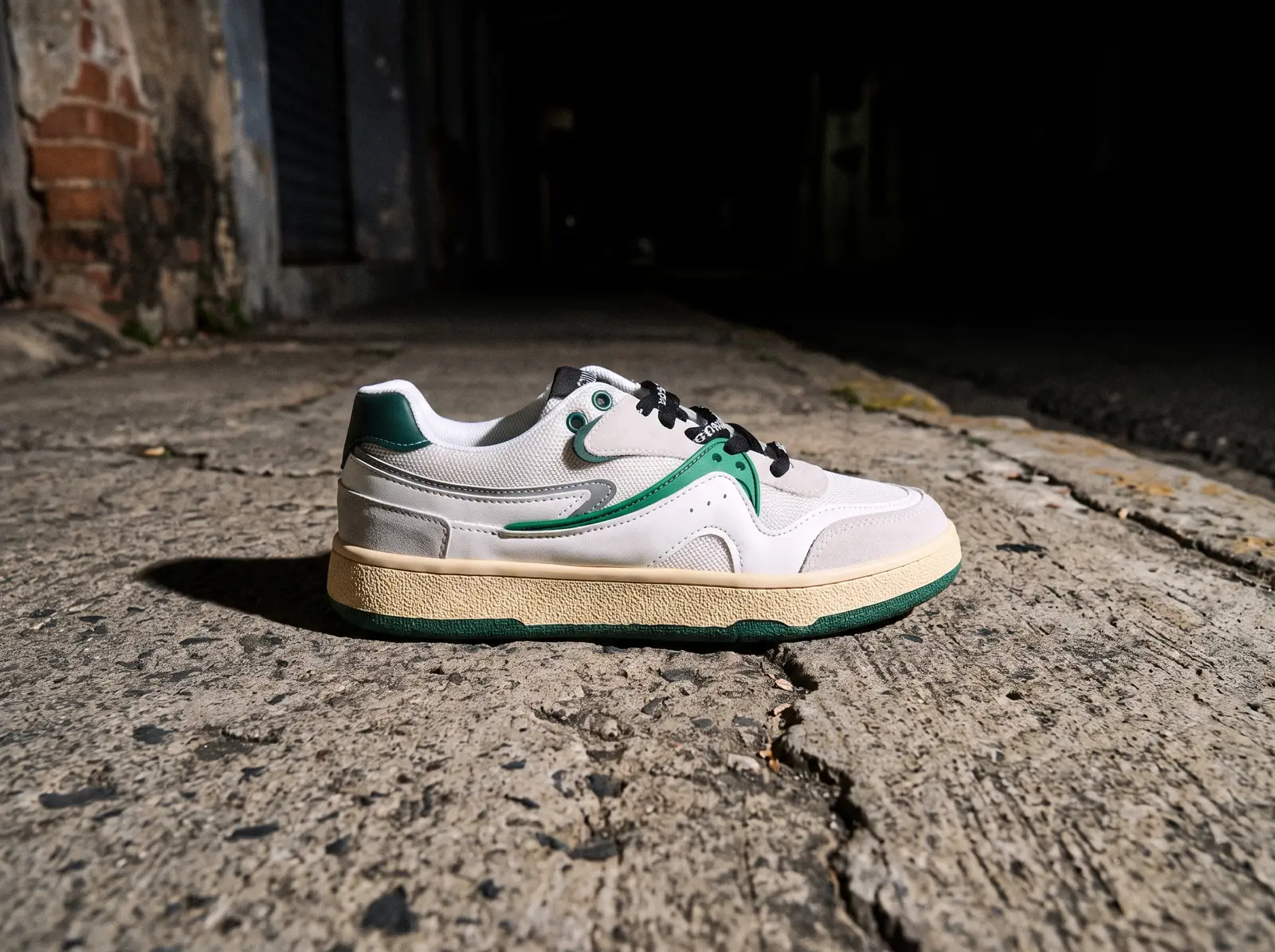 Tenis goatted blanco con detalles verdes y suela crema sobre una acera agrietada de noche